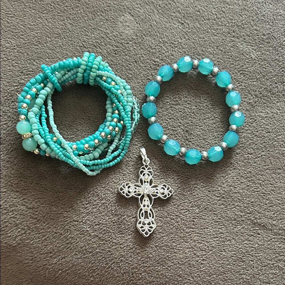 Turquoise Beaded Bracelets with Silver Cross Pendant